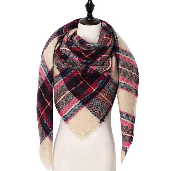 Cream Pink Soft Plaid Scarf -NEW - Picture 1 of 6